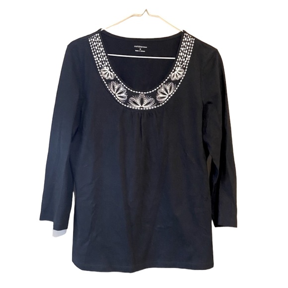 croft & barrow Tops - Croft & Barrow Black Knit 3/4 Sleeve White Embroidered Top Blouse Medium Cotton